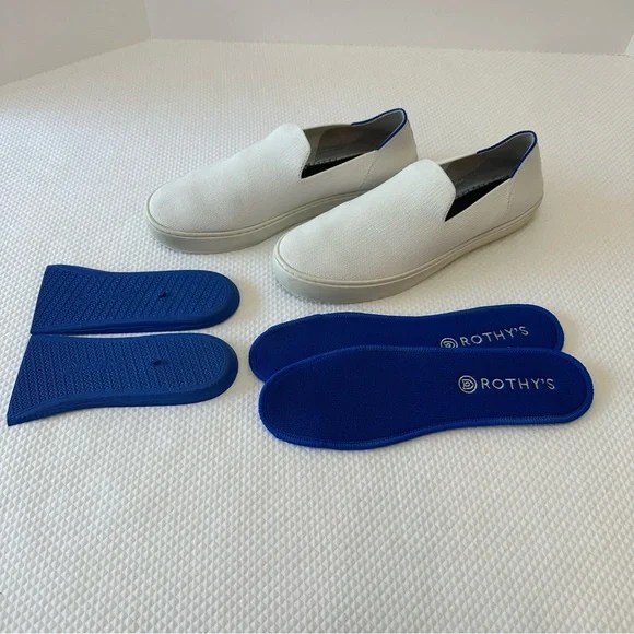 Rothy's Size W 9.5 White Blue & Black Heel Stripes Casual Slip-Ons Sneakers - Picture 2 of 9